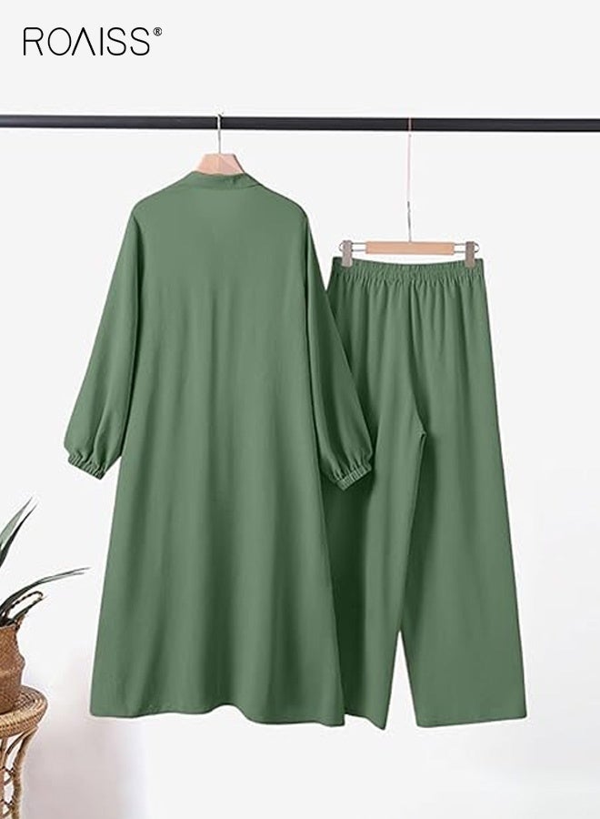 رويس طقم نسائي مكون من قطعتين بتصميم عربي إسلامي، مزود بجيوب، مناسب لفصلي الربيع والخريف، قميص بأكمام طويلة وبنطال، عصري وعملي، بخصر مطاطي وأزرار أمامية، لون أخضر - Image 4